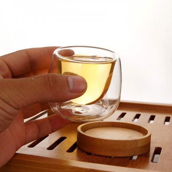 Double Walled Shooter/ Expresso Glasses with Wooden Coasters - Set Of 2
